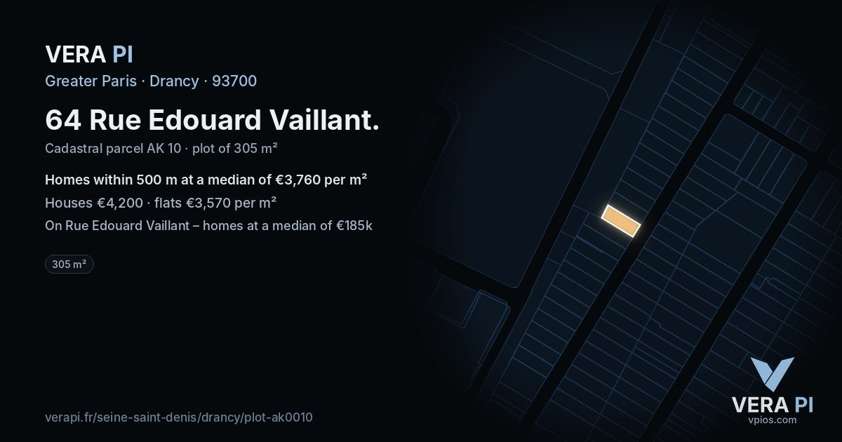 64 Rue Edouard Vaillant, Drancy at night – the plot lit, the parcels around coloured by the prices near them