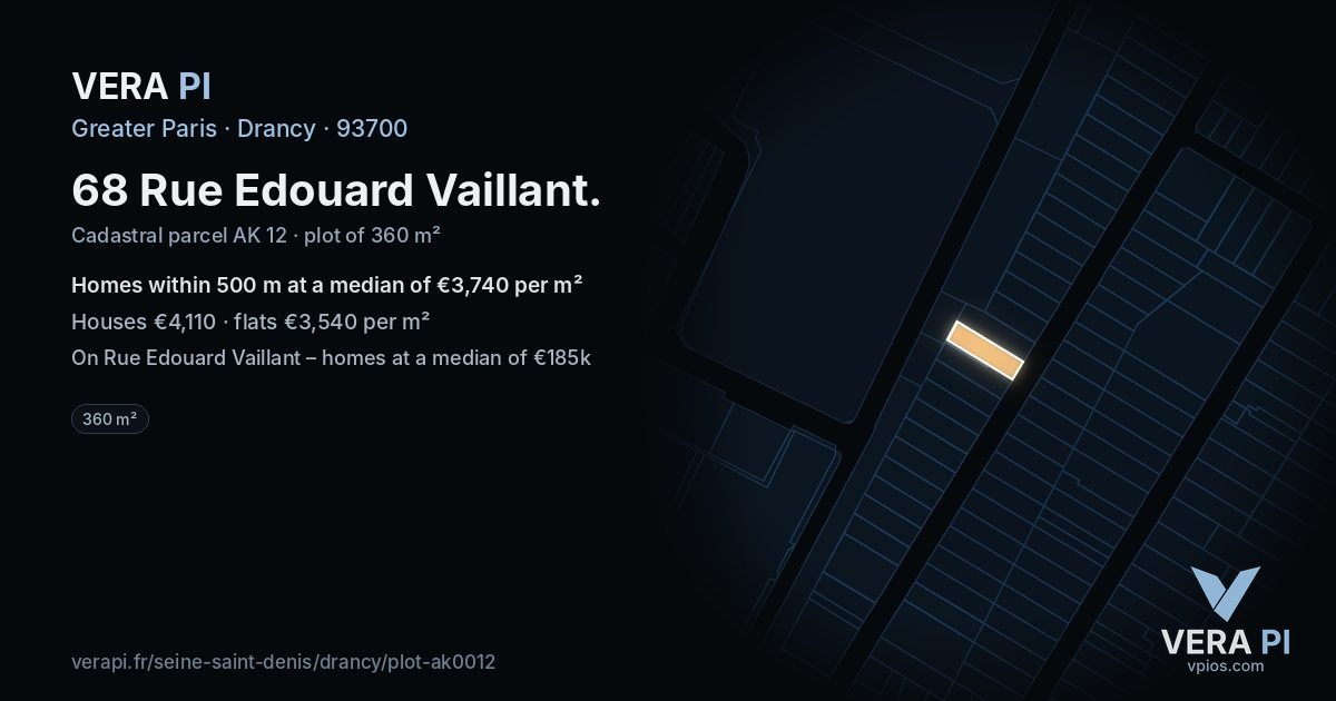 68 Rue Edouard Vaillant, Drancy at night – the plot lit, the parcels around coloured by the prices near them