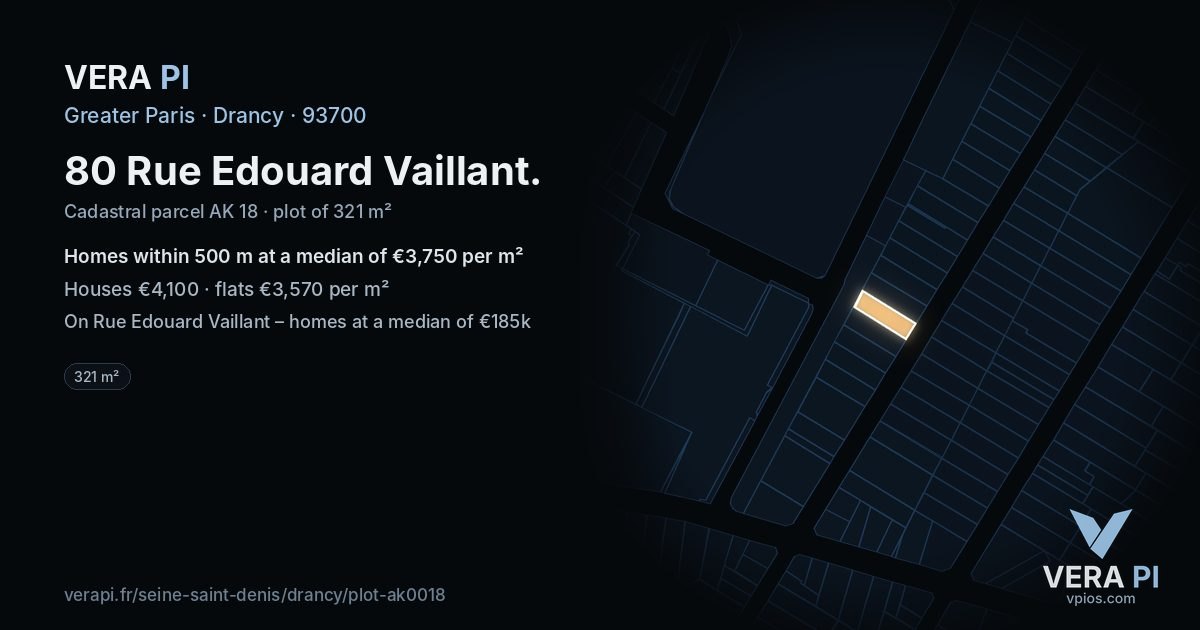 80 Rue Edouard Vaillant, Drancy at night – the plot lit, the parcels around coloured by the prices near them