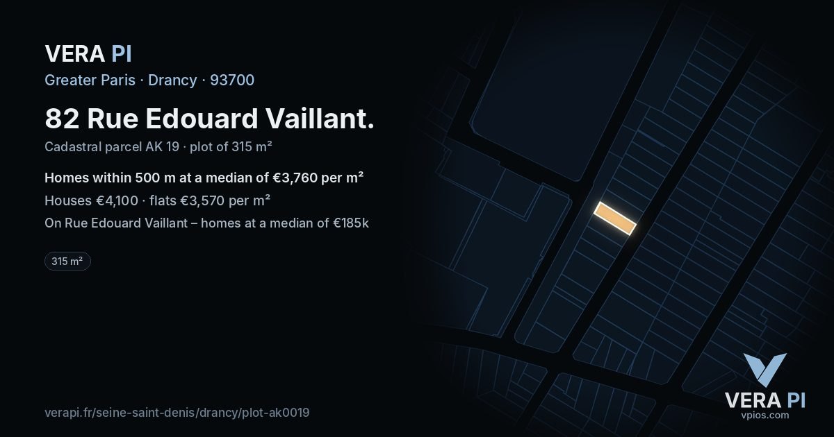82 Rue Edouard Vaillant, Drancy at night – the plot lit, the parcels around coloured by the prices near them