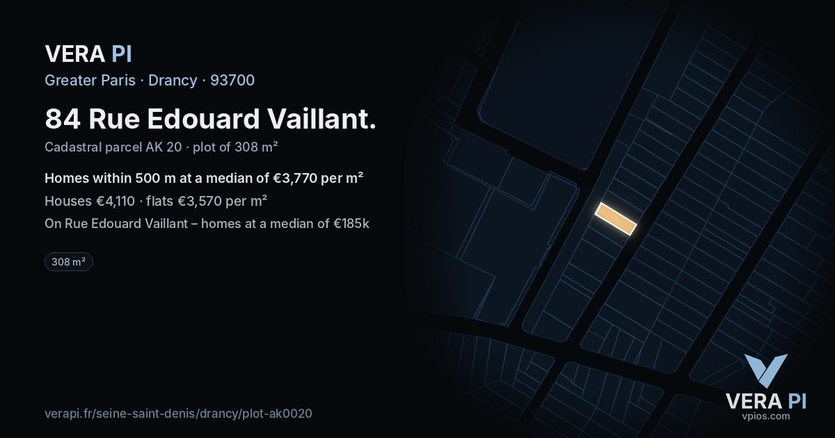 84 Rue Edouard Vaillant, Drancy at night – the plot lit, the parcels around coloured by the prices near them