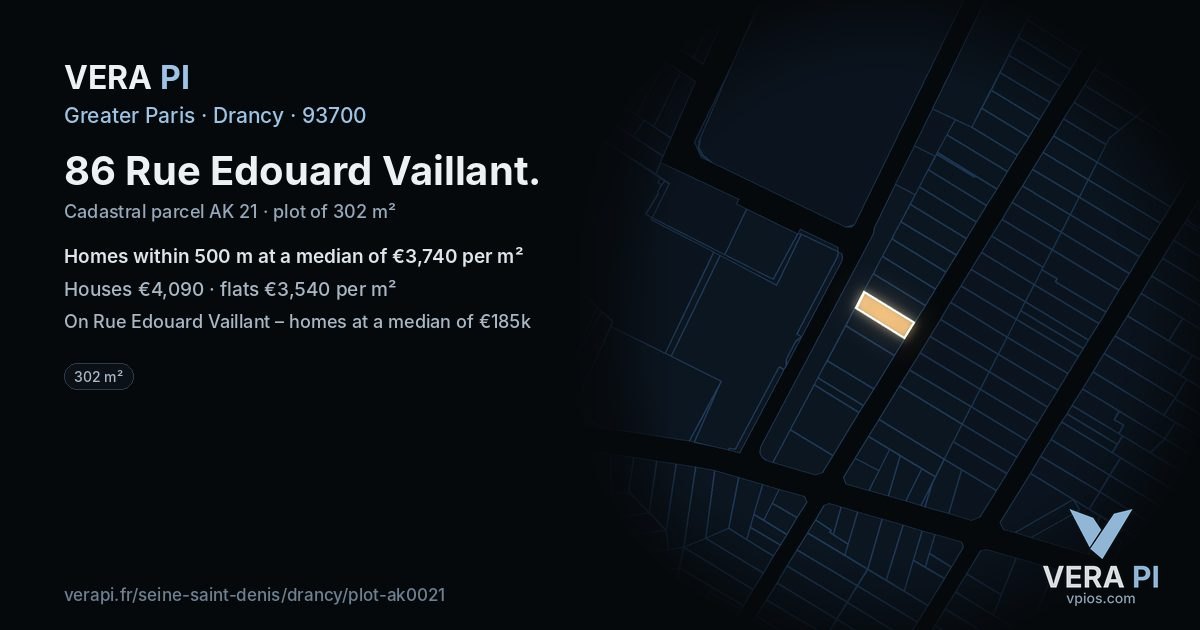 86 Rue Edouard Vaillant, Drancy at night – the plot lit, the parcels around coloured by the prices near them