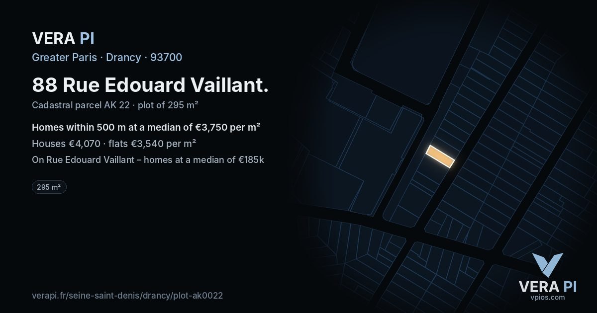 88 Rue Edouard Vaillant, Drancy at night – the plot lit, the parcels around coloured by the prices near them