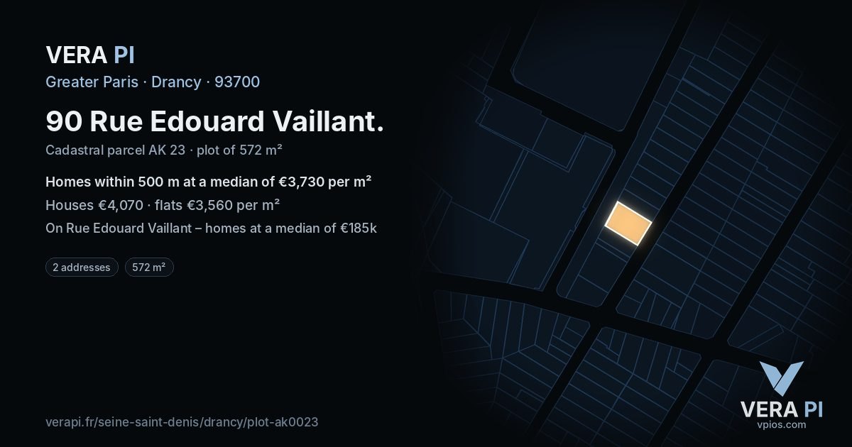 90 Rue Edouard Vaillant, Drancy at night – the plot lit, the parcels around coloured by the prices near them
