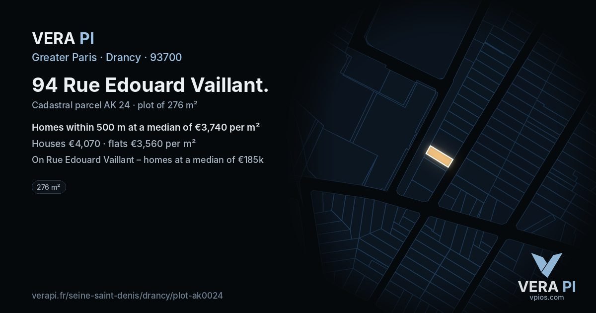 94 Rue Edouard Vaillant, Drancy at night – the plot lit, the parcels around coloured by the prices near them