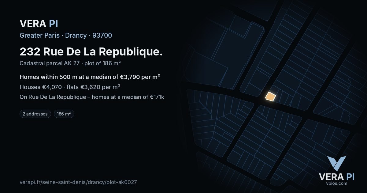 232 Rue De La Republique, Drancy at night – the plot lit, the parcels around coloured by the prices near them