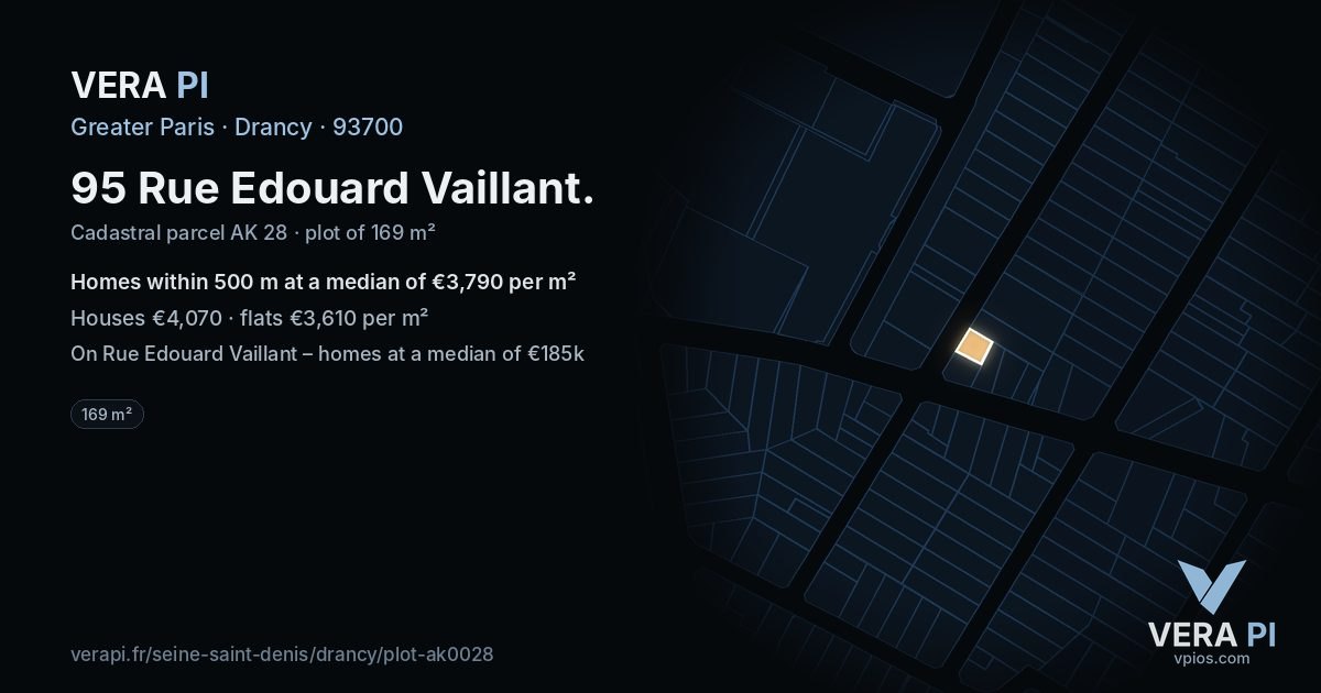 95 Rue Edouard Vaillant, Drancy at night – the plot lit, the parcels around coloured by the prices near them