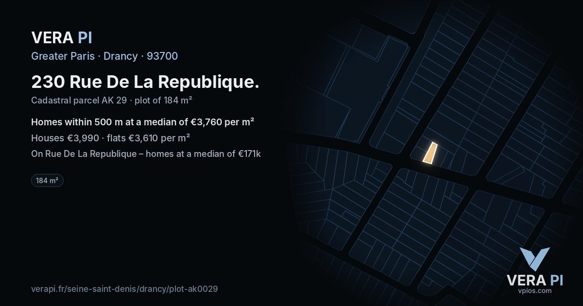 230 Rue De La Republique, Drancy at night – the plot lit, the parcels around coloured by the prices near them
