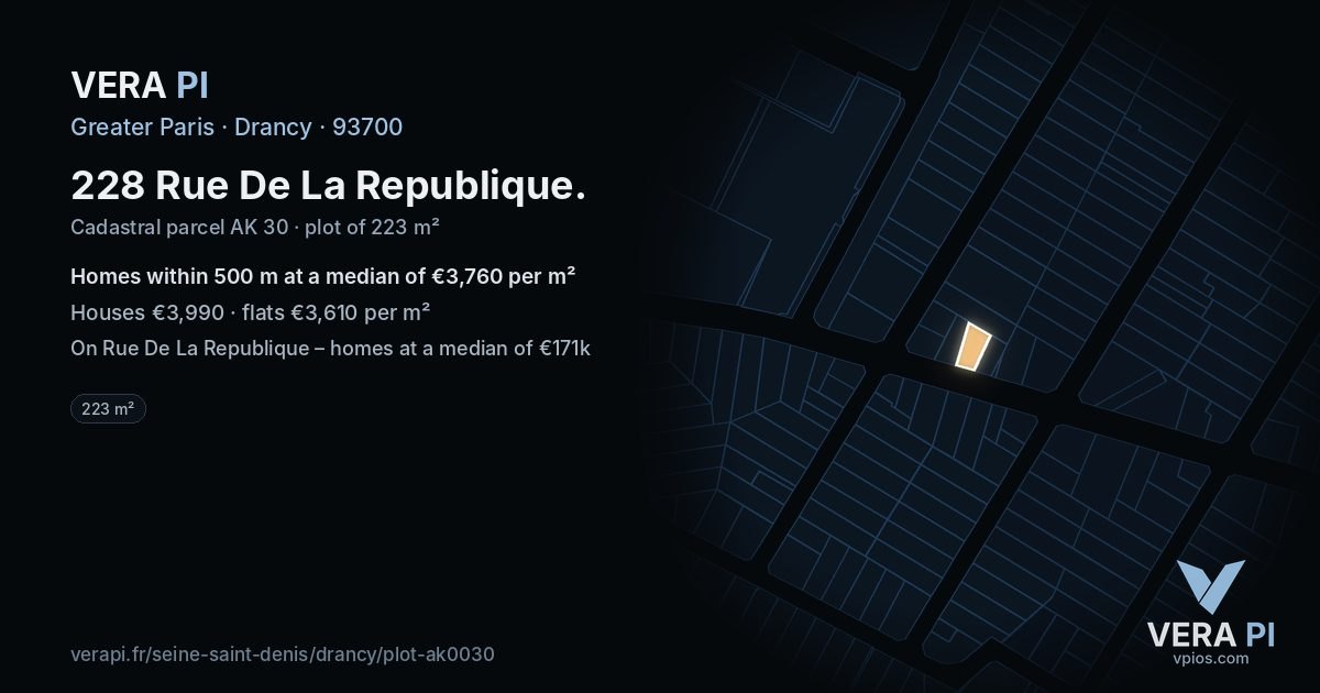 228 Rue De La Republique, Drancy at night – the plot lit, the parcels around coloured by the prices near them