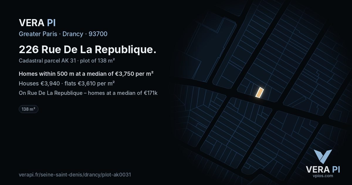226 Rue De La Republique, Drancy at night – the plot lit, the parcels around coloured by the prices near them