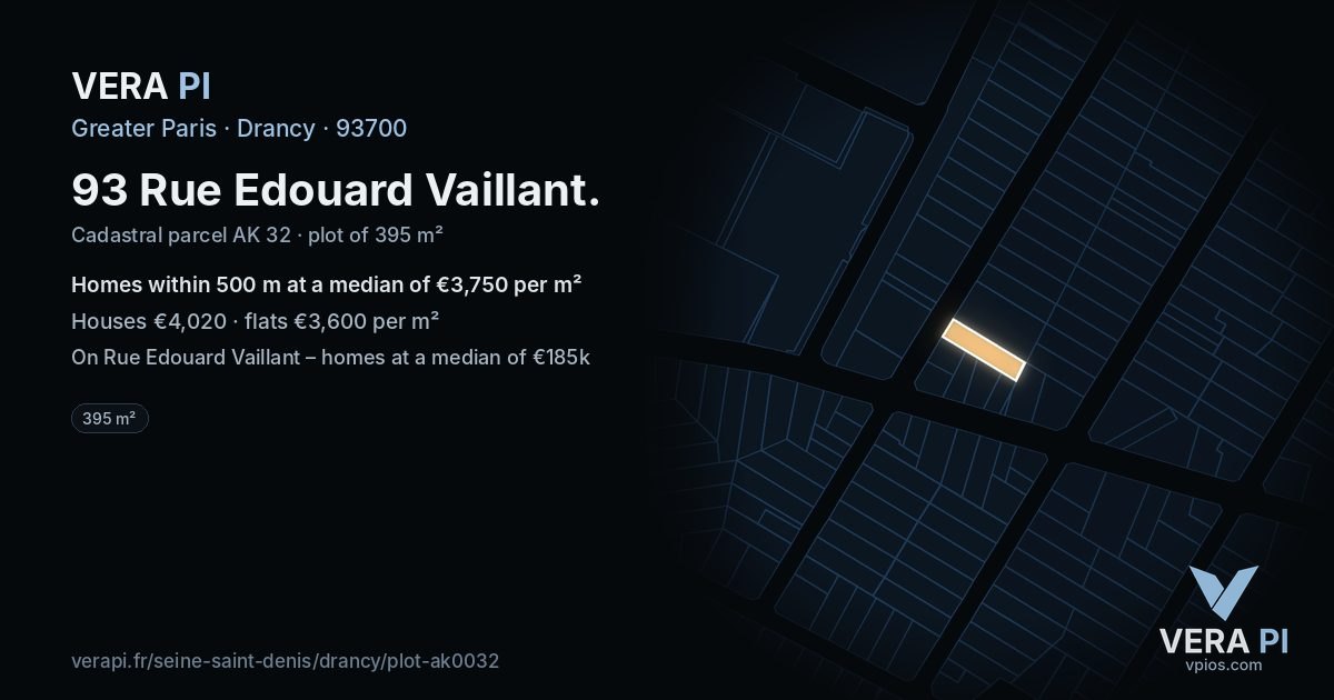 93 Rue Edouard Vaillant, Drancy at night – the plot lit, the parcels around coloured by the prices near them