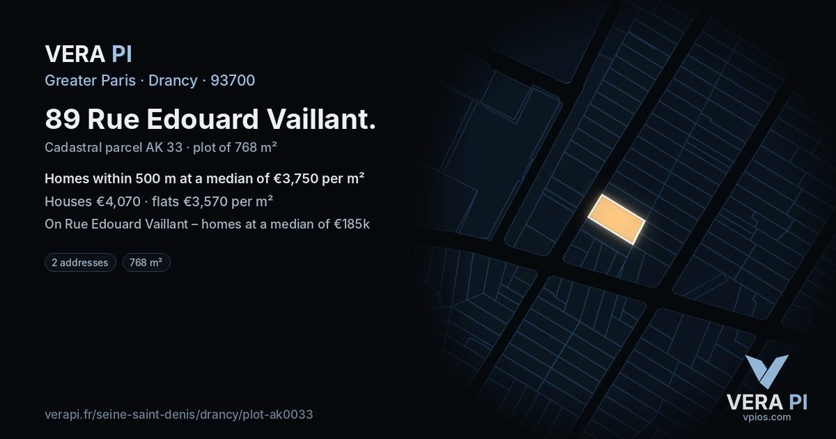 89 Rue Edouard Vaillant, Drancy at night – the plot lit, the parcels around coloured by the prices near them