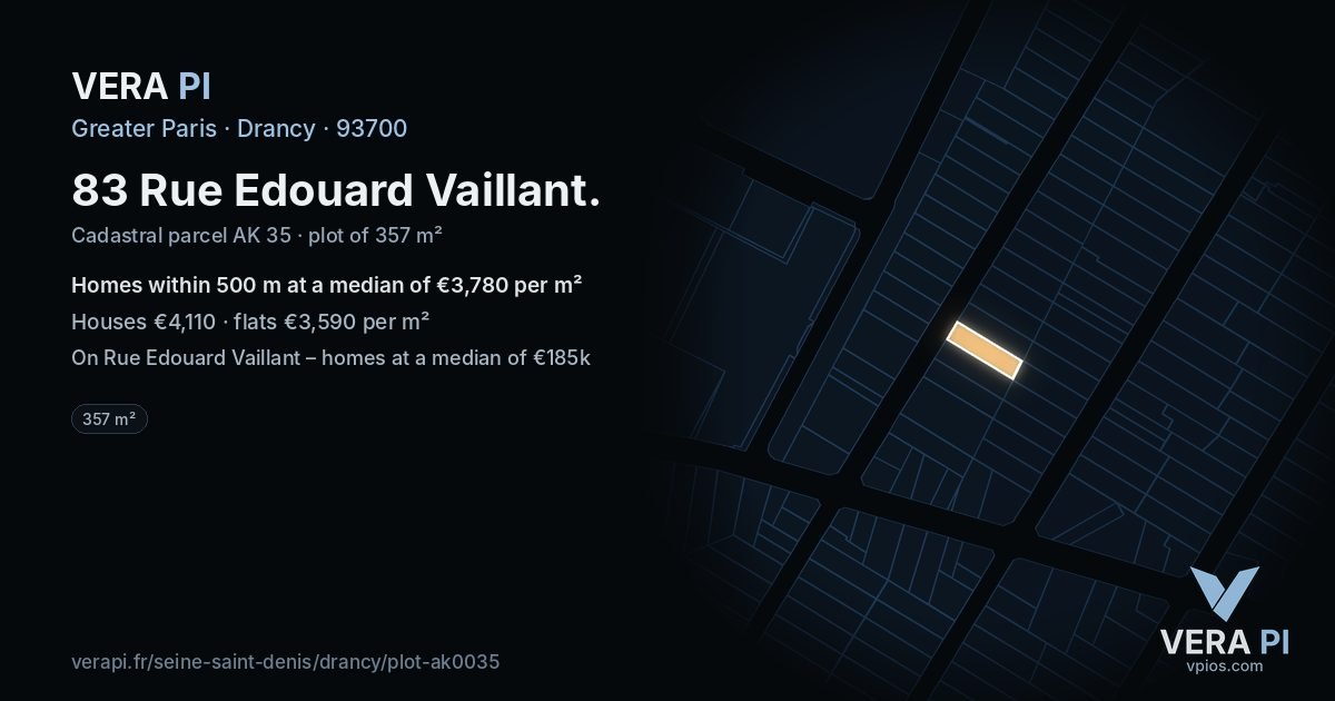 83 Rue Edouard Vaillant, Drancy at night – the plot lit, the parcels around coloured by the prices near them