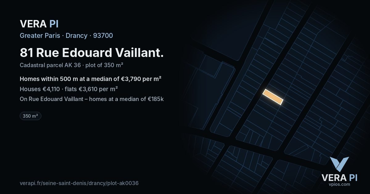 81 Rue Edouard Vaillant, Drancy at night – the plot lit, the parcels around coloured by the prices near them