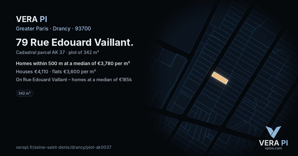 79 Rue Edouard Vaillant, Drancy at night – the plot lit, the parcels around coloured by the prices near them