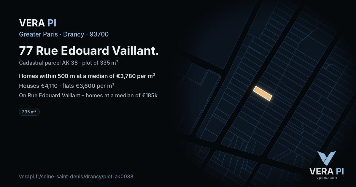 77 Rue Edouard Vaillant, Drancy at night – the plot lit, the parcels around coloured by the prices near them