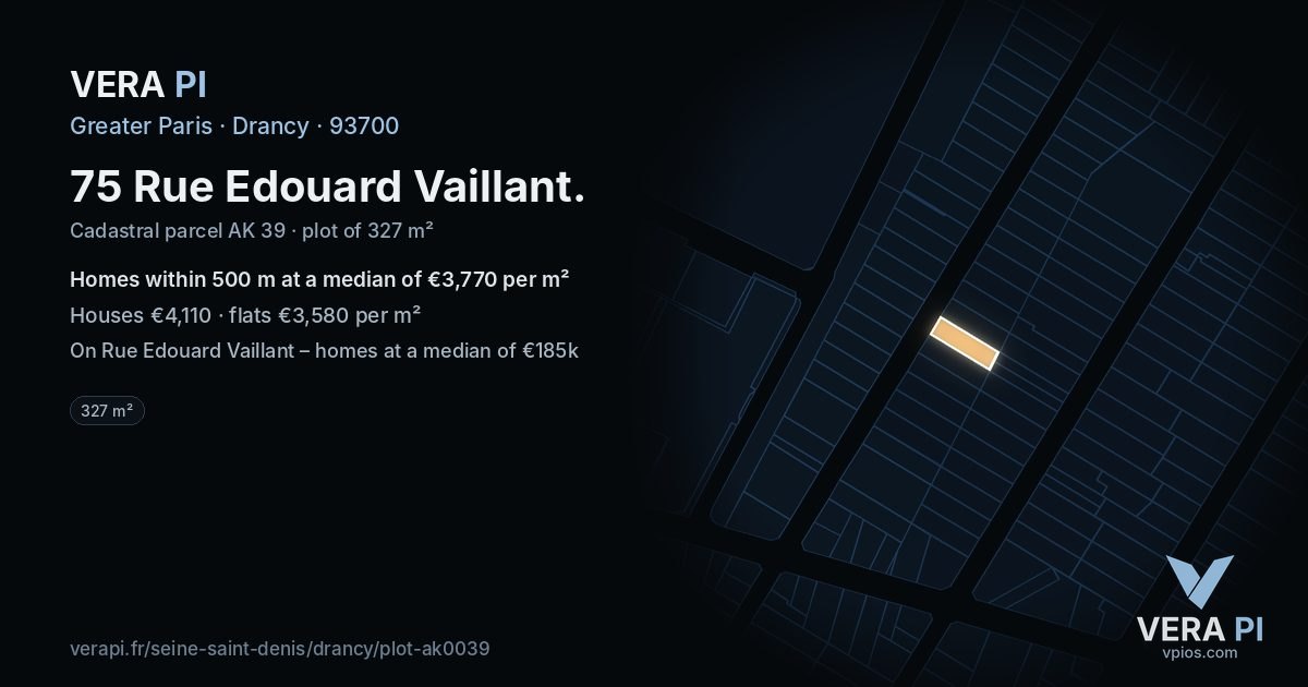 75 Rue Edouard Vaillant, Drancy at night – the plot lit, the parcels around coloured by the prices near them