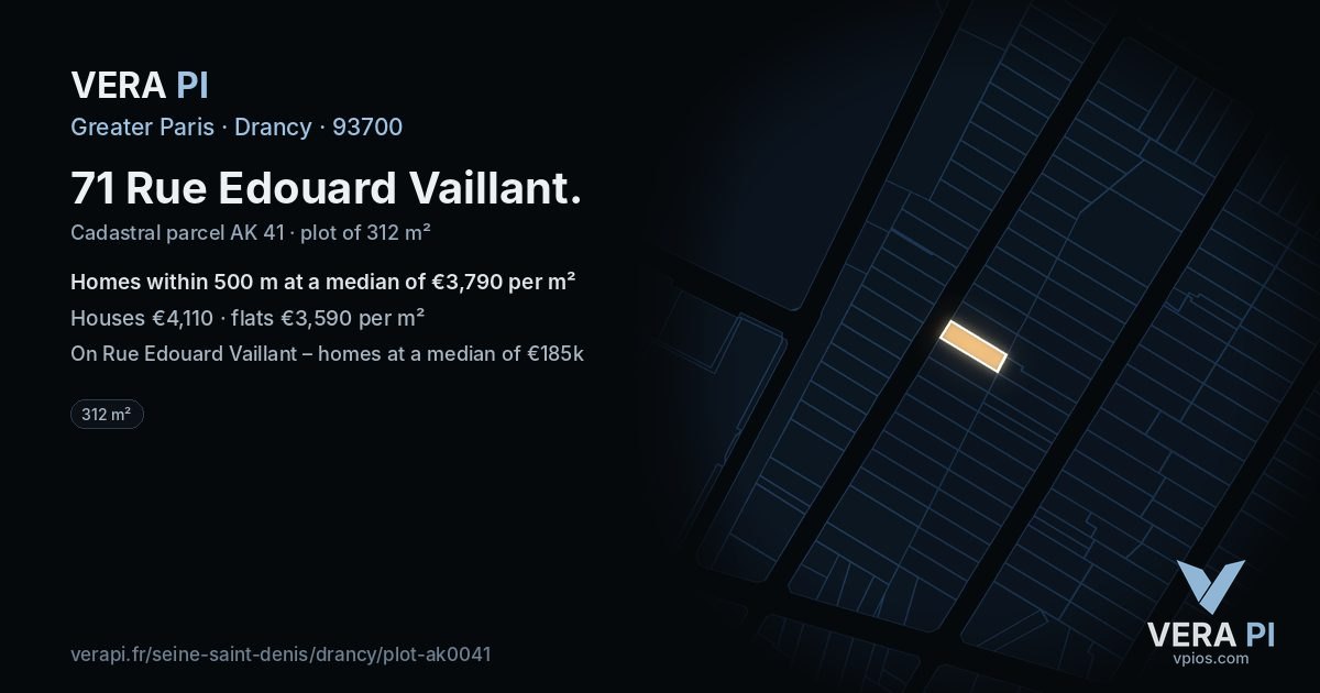71 Rue Edouard Vaillant, Drancy at night – the plot lit, the parcels around coloured by the prices near them
