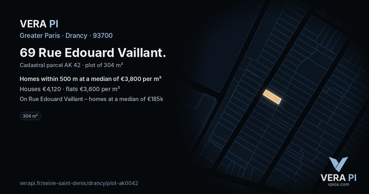 69 Rue Edouard Vaillant, Drancy at night – the plot lit, the parcels around coloured by the prices near them
