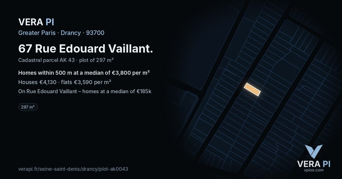 67 Rue Edouard Vaillant, Drancy at night – the plot lit, the parcels around coloured by the prices near them
