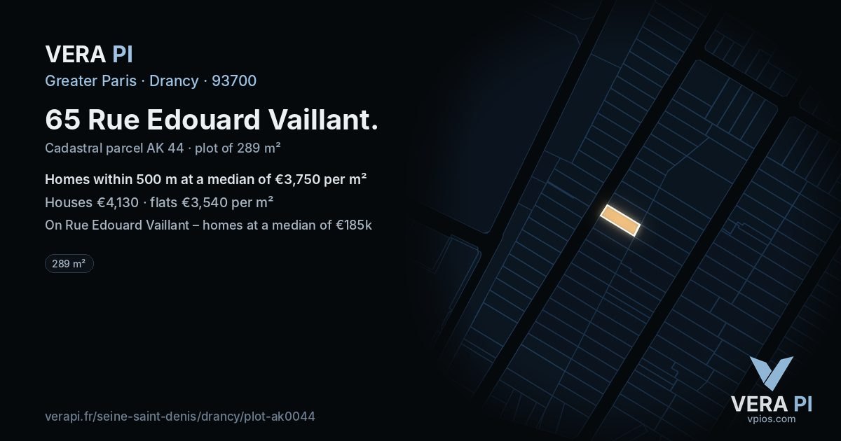 65 Rue Edouard Vaillant, Drancy at night – the plot lit, the parcels around coloured by the prices near them
