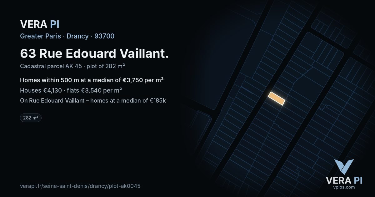63 Rue Edouard Vaillant, Drancy at night – the plot lit, the parcels around coloured by the prices near them