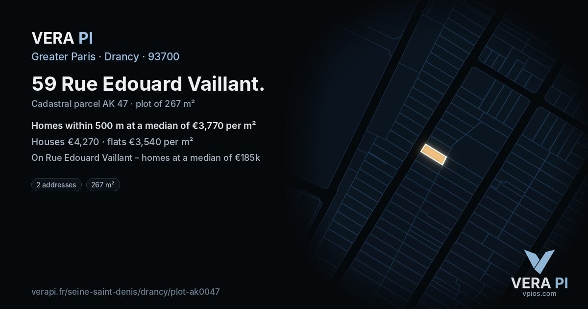 59 Rue Edouard Vaillant, Drancy at night – the plot lit, the parcels around coloured by the prices near them