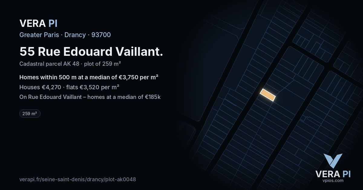 55 Rue Edouard Vaillant, Drancy at night – the plot lit, the parcels around coloured by the prices near them