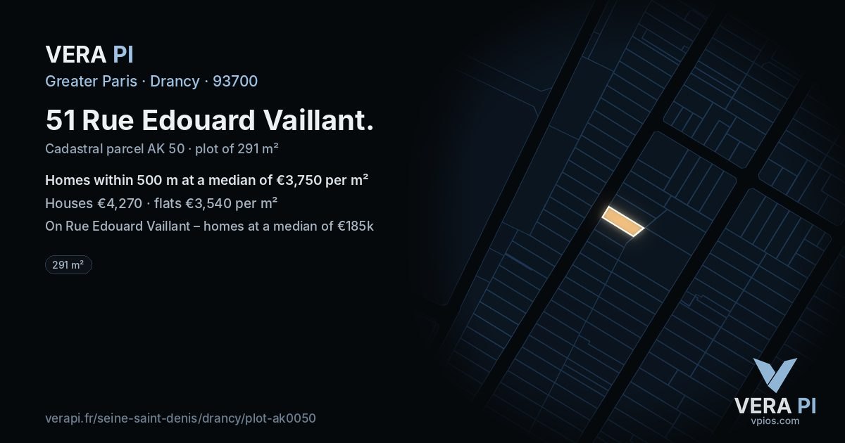 51 Rue Edouard Vaillant, Drancy at night – the plot lit, the parcels around coloured by the prices near them