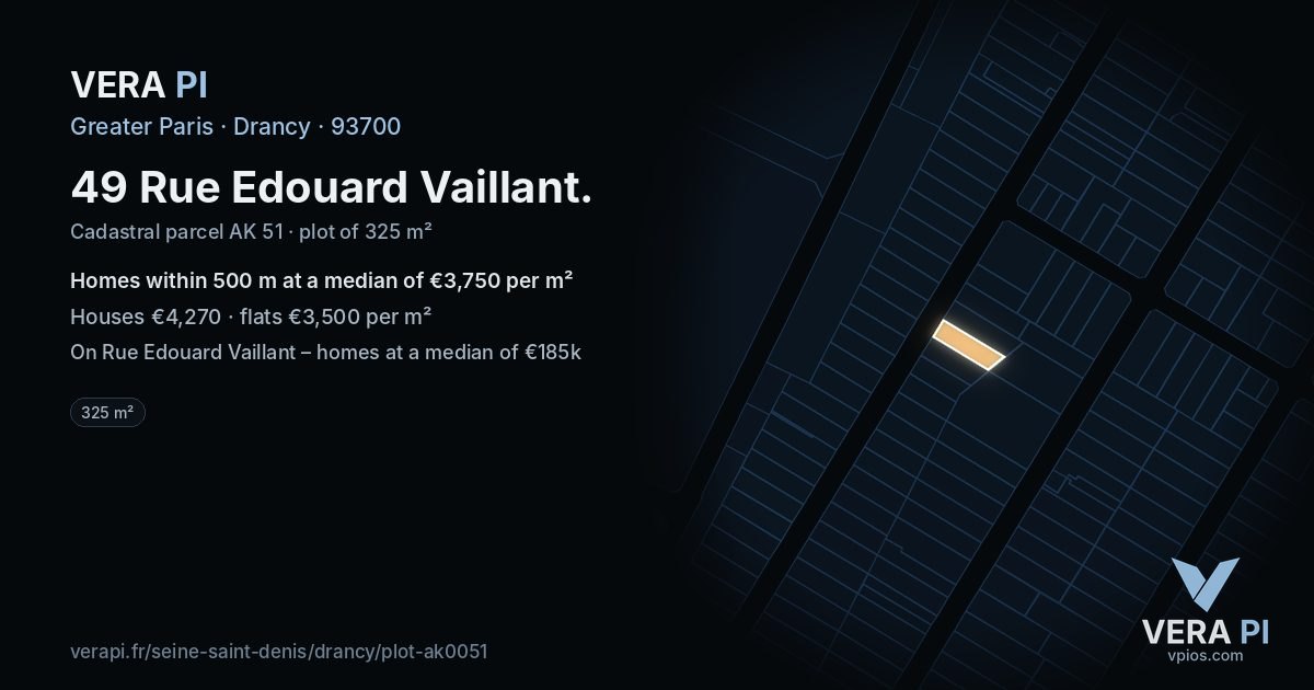 49 Rue Edouard Vaillant, Drancy at night – the plot lit, the parcels around coloured by the prices near them