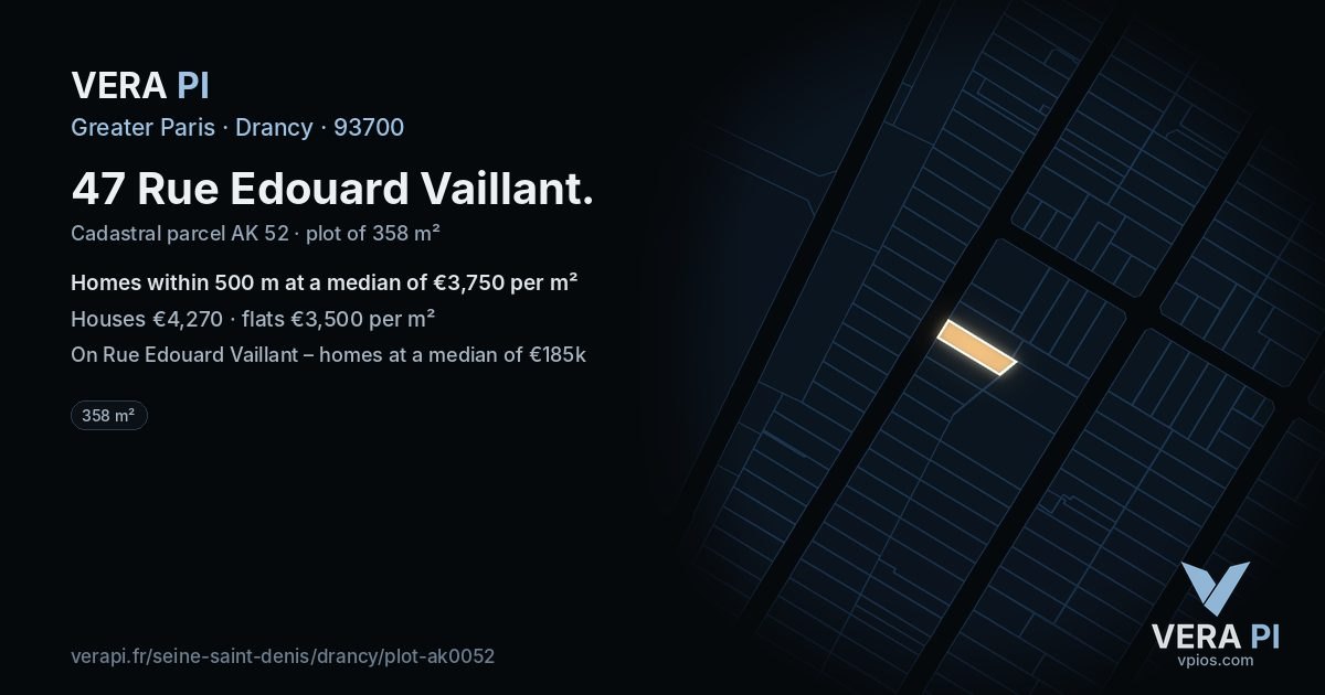 47 Rue Edouard Vaillant, Drancy at night – the plot lit, the parcels around coloured by the prices near them