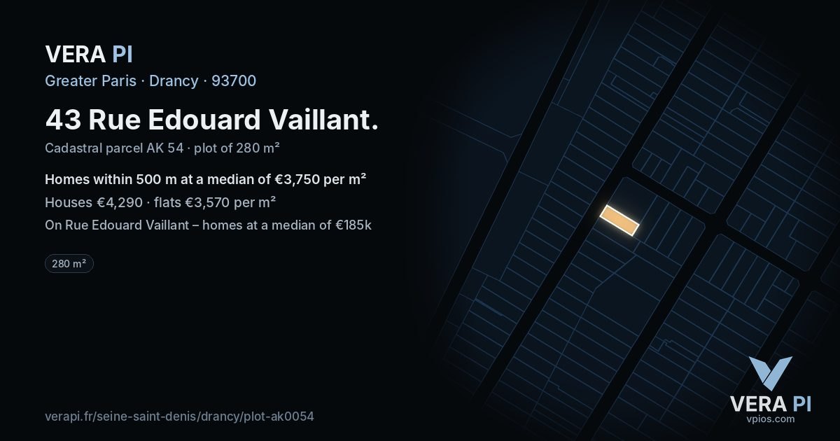 43 Rue Edouard Vaillant, Drancy at night – the plot lit, the parcels around coloured by the prices near them