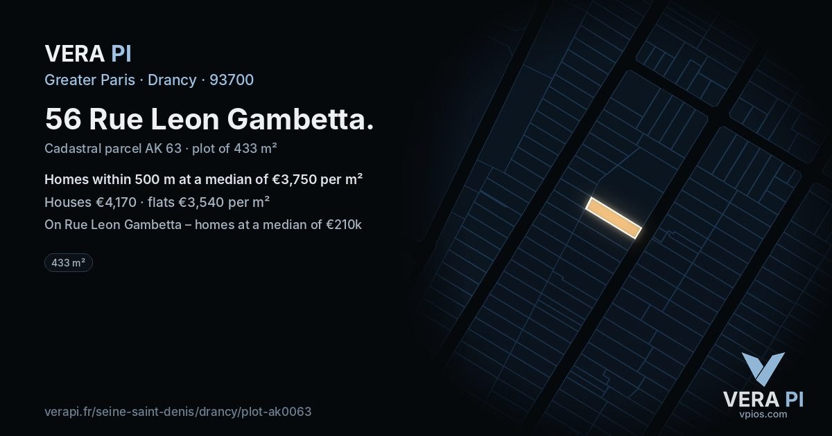 56 Rue Leon Gambetta, Drancy at night – the plot lit, the parcels around coloured by the prices near them
