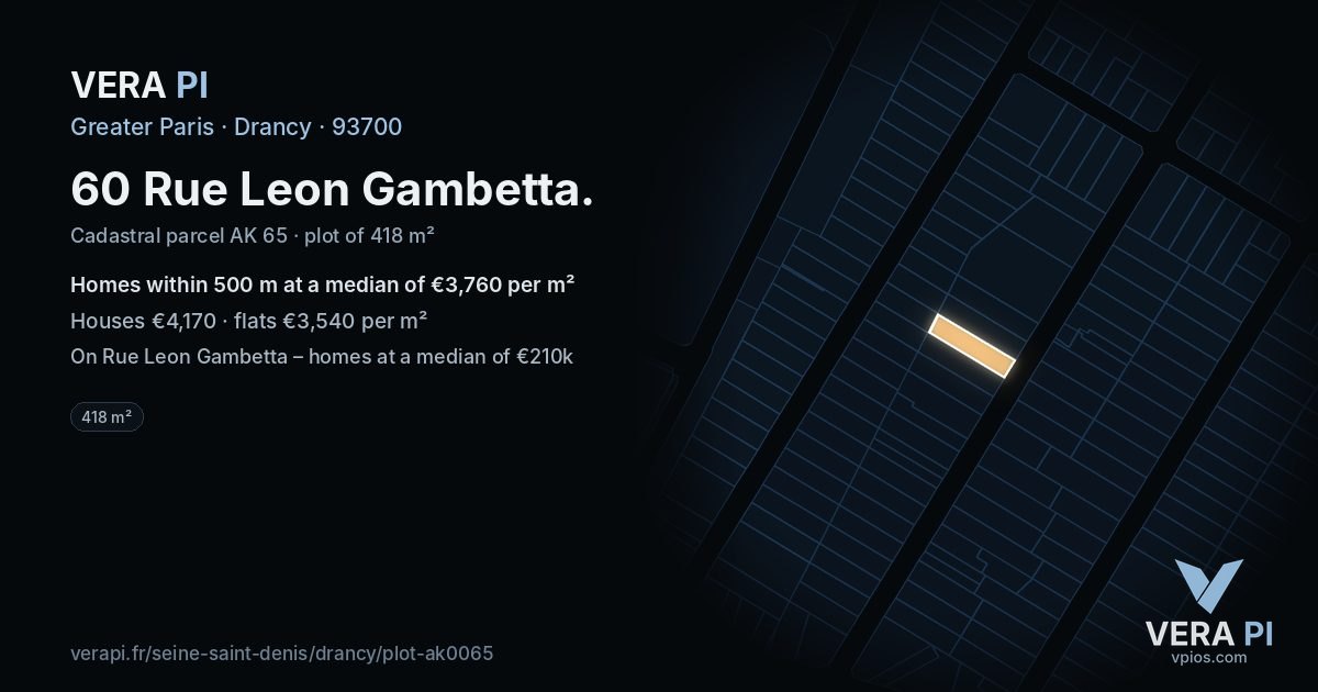 60 Rue Leon Gambetta, Drancy at night – the plot lit, the parcels around coloured by the prices near them