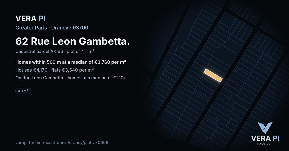 62 Rue Leon Gambetta, Drancy at night – the plot lit, the parcels around coloured by the prices near them
