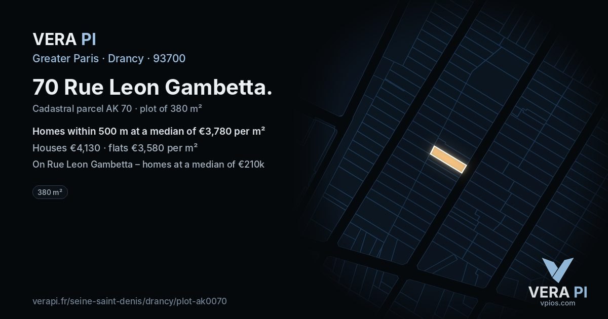 70 Rue Leon Gambetta, Drancy at night – the plot lit, the parcels around coloured by the prices near them