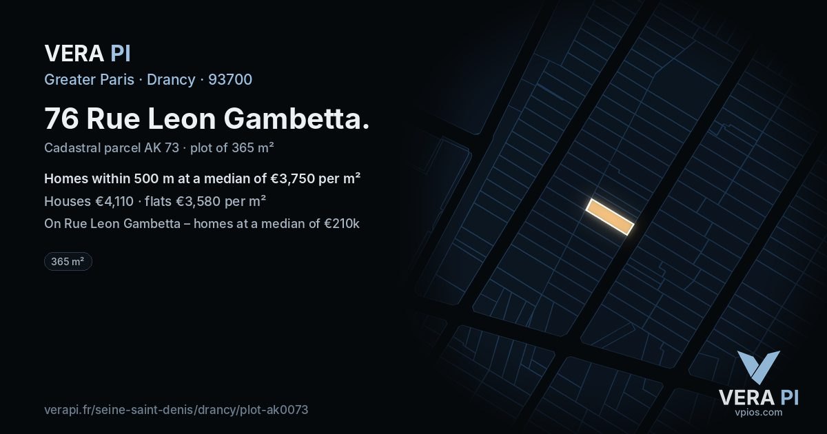 76 Rue Leon Gambetta, Drancy at night – the plot lit, the parcels around coloured by the prices near them