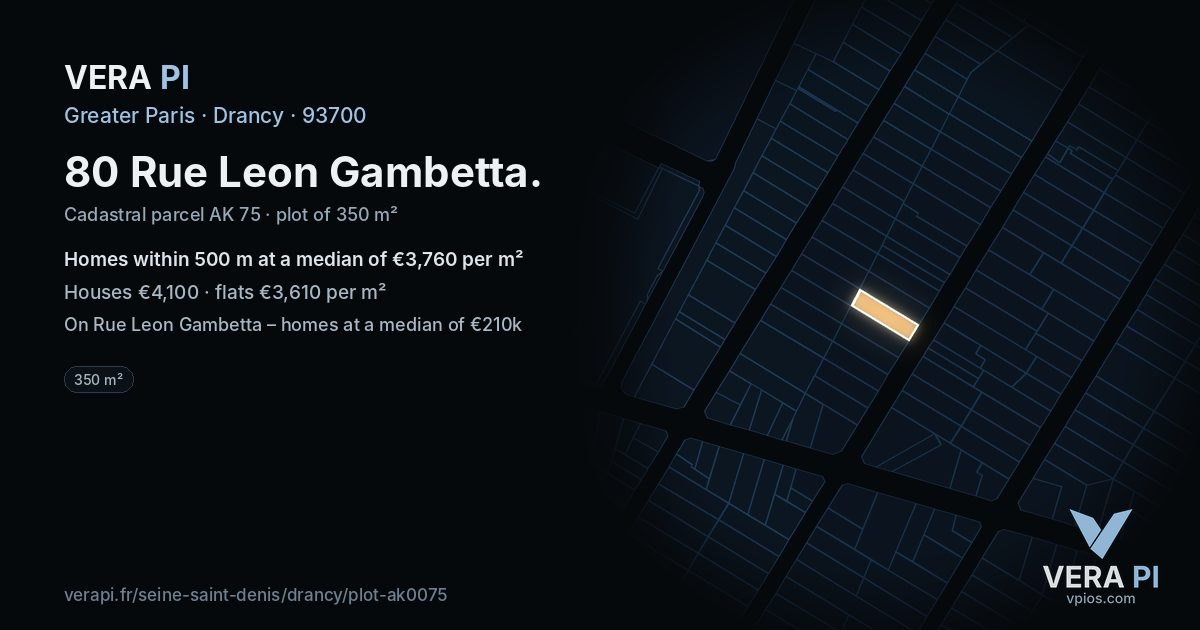 80 Rue Leon Gambetta, Drancy at night – the plot lit, the parcels around coloured by the prices near them