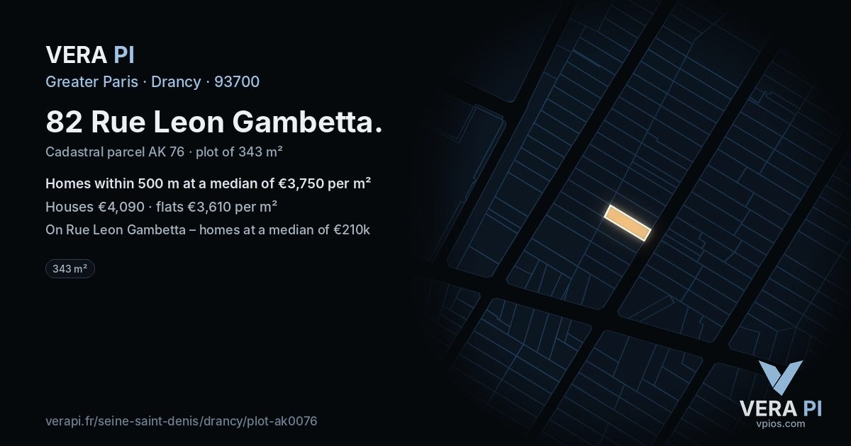 82 Rue Leon Gambetta, Drancy at night – the plot lit, the parcels around coloured by the prices near them