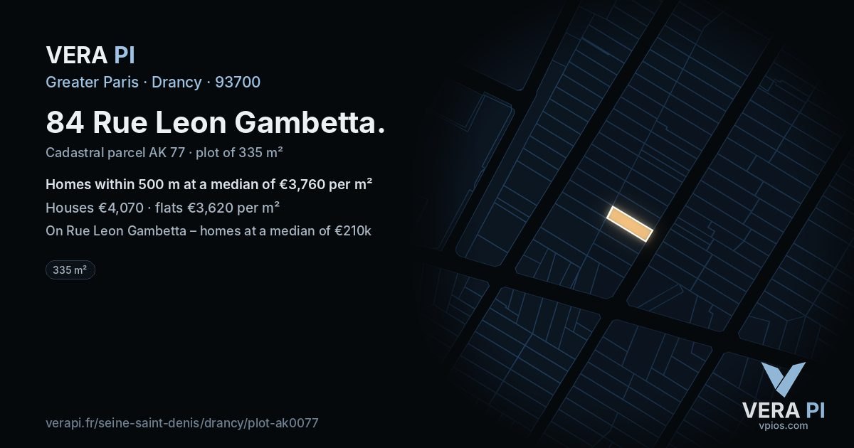 84 Rue Leon Gambetta, Drancy at night – the plot lit, the parcels around coloured by the prices near them