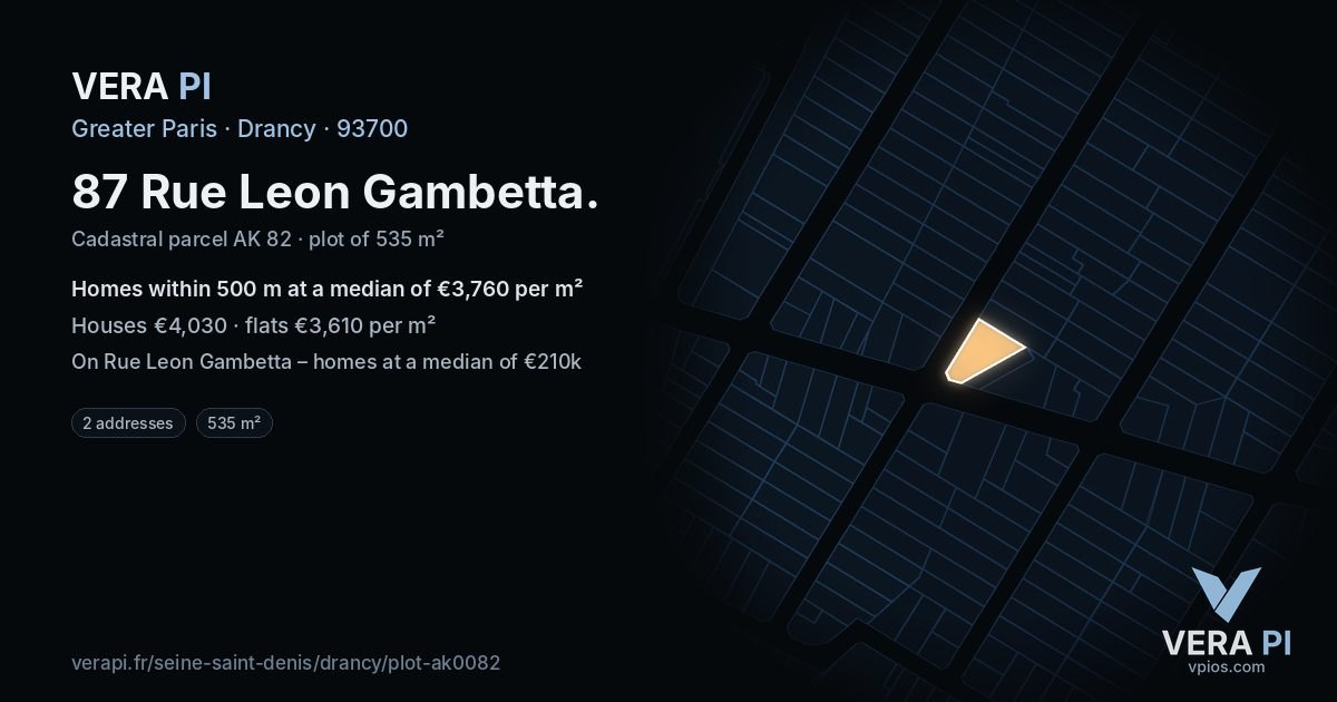 87 Rue Leon Gambetta, Drancy at night – the plot lit, the parcels around coloured by the prices near them