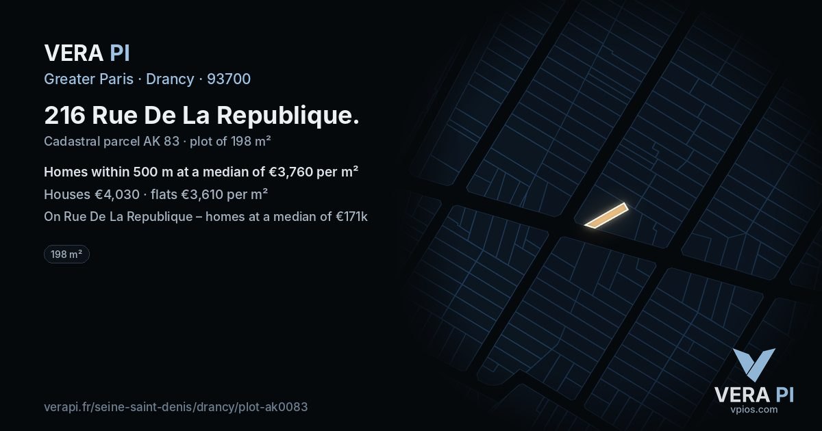 216 Rue De La Republique, Drancy at night – the plot lit, the parcels around coloured by the prices near them