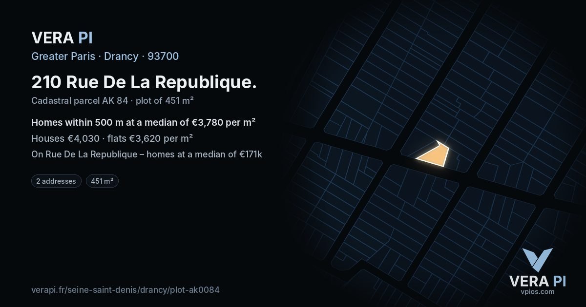 210 Rue De La Republique, Drancy at night – the plot lit, the parcels around coloured by the prices near them