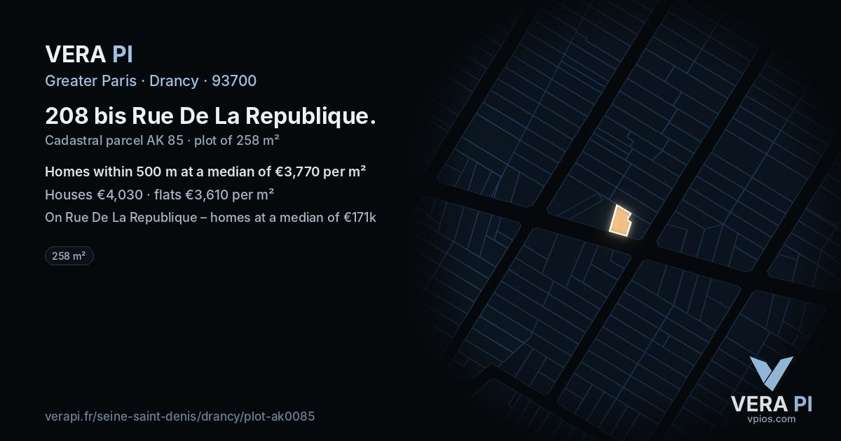 208 bis Rue De La Republique, Drancy at night – the plot lit, the parcels around coloured by the prices near them