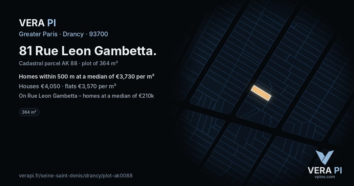 81 Rue Leon Gambetta, Drancy at night – the plot lit, the parcels around coloured by the prices near them