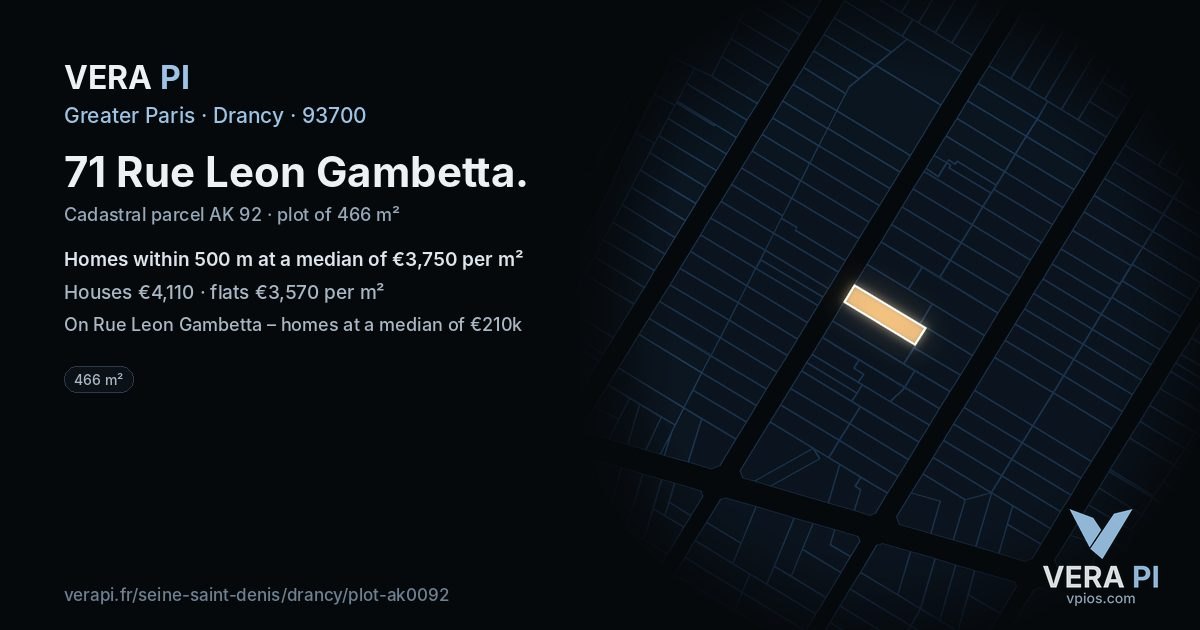 71 Rue Leon Gambetta, Drancy at night – the plot lit, the parcels around coloured by the prices near them