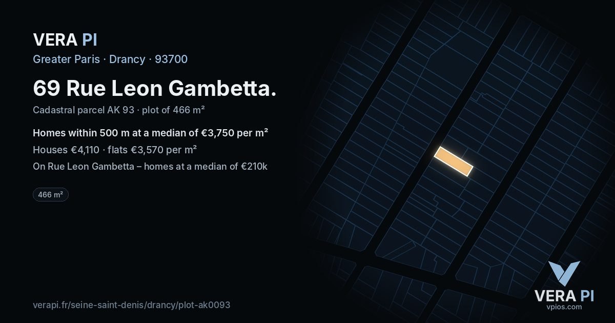 69 Rue Leon Gambetta, Drancy at night – the plot lit, the parcels around coloured by the prices near them