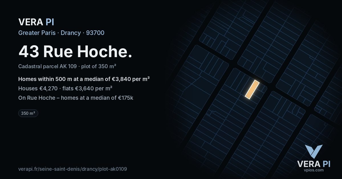 43 Rue Hoche, Drancy at night – the plot lit, the parcels around coloured by the prices near them
