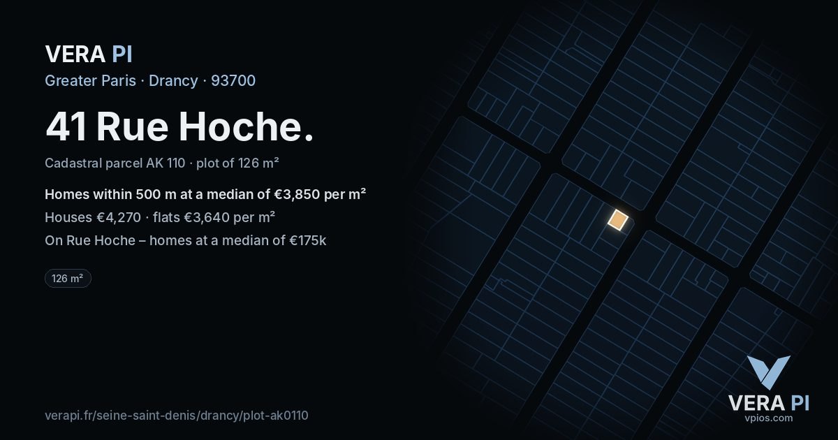 41 Rue Hoche, Drancy at night – the plot lit, the parcels around coloured by the prices near them