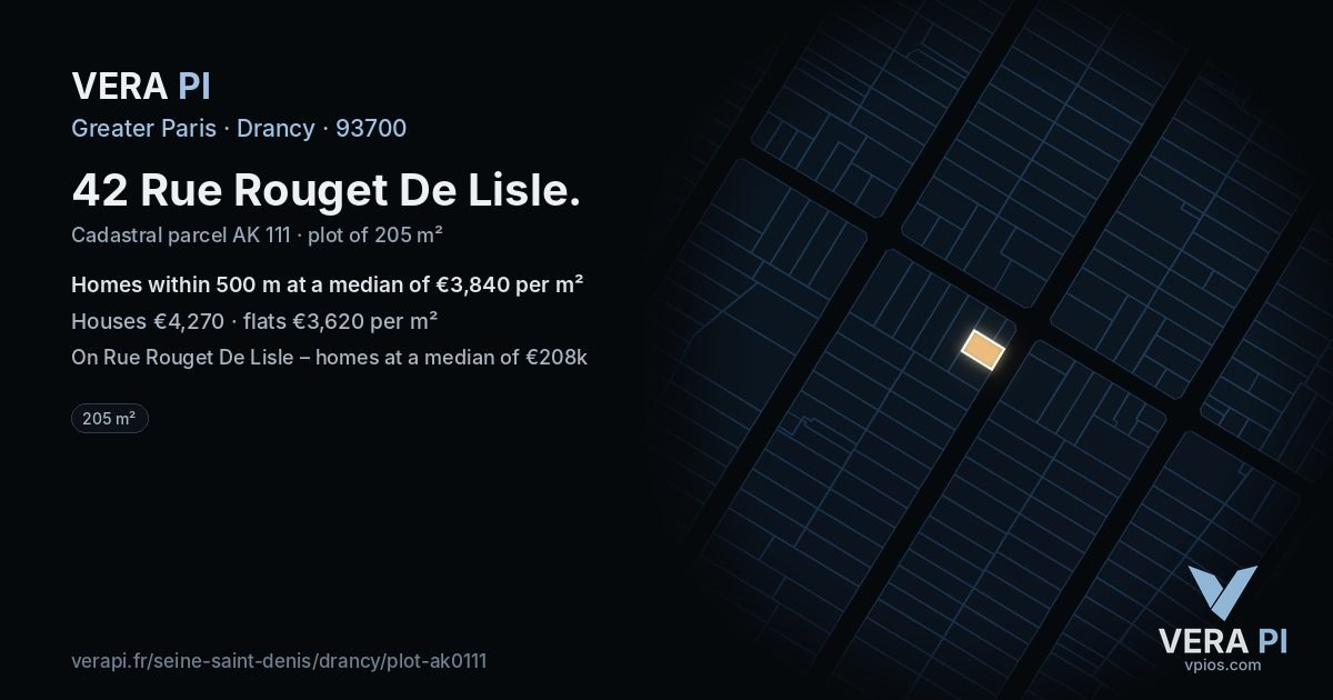 42 Rue Rouget De Lisle, Drancy at night – the plot lit, the parcels around coloured by the prices near them